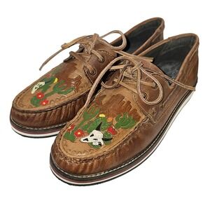 Roper Womens Brown Leather Desert Cactus Skull Boat Shoes Loafers Sz 10